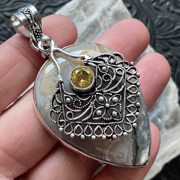 Boho Styled Citrine and Crazy Lace Agate Pendant Stone Crystal Jewelry - Picture 6 of 8